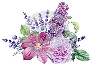 Bouquet of flowers on isolated white background, watercolor illustration, clematis, rose, lavender and lilac