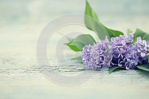 Bouquet of flowers Lilac on turquoise rustic table. Greeting car