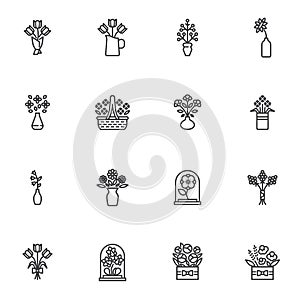 Bouquet of flowers line icons set
