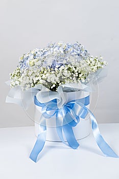 Bouquet of flowers made of hydrangeas and gypsophila in a white box with a bow on a white background.