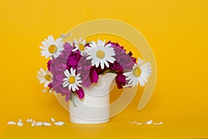 Bouquet of flowers from peonies and daisies in a vase on a yellow background. Mocap.