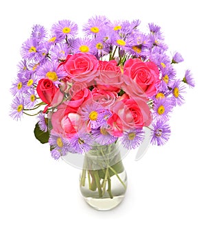 Bouquet of flowers pink rose and erigeron in vase isolated on white background