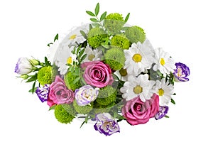 Bouquet of flowers pink roses, white chrysanthemums with green leaves on white background isolated close up