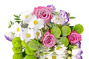 Bouquet of flowers pink roses, white chrysanthemums with green leaves on white background isolated close up
