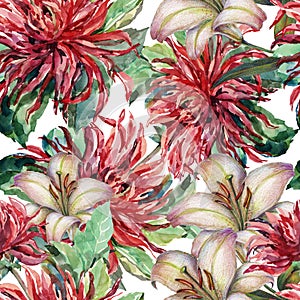 Bouquet flowers, red dahlia, lily, watercolor, pattern seamless