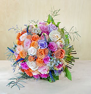 Bouquet of flowers, roses on a gray table