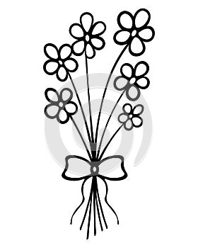 Bouquet of flowers. Sketch. The flowers are tied with a bow. Doodle style. Opened petals