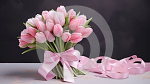 Bouquet of flowers on table isolated on white background. Brides bouquet of tulips, closeup.