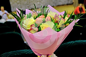 Bouquet of flowers to congratulate the musician. Flowers for the participants of the concert. A bouquet of roses with views of the