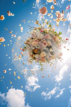 Bouquet of flowers tossed into the air under blue sky. AI Generated
