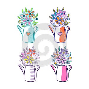 Bouquet of flowers in a watering can. Cute floral illustration for postcards isolated on white background.