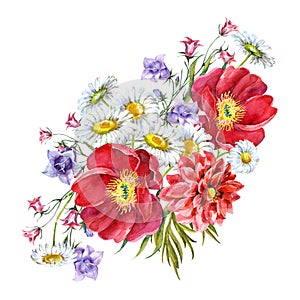 Bouquet flowers, white background, watercolor,pattern