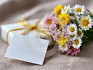 A bouquet of flowers and a white gift box with a blank card
