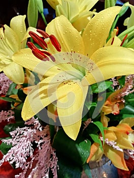 Bouquet of flowers with a yellow lily, close-up.