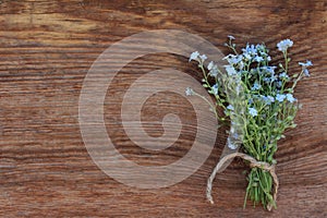 Bouquet of forget-me-nots on old wooden background