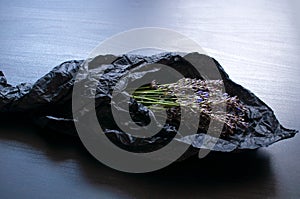 Bouquet of fragrant fresh lavender flowers on black crumpled wrapping paper background