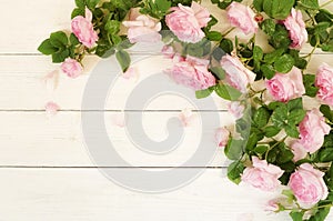 Bouquet frame of beautiful pink roses on white wooden background