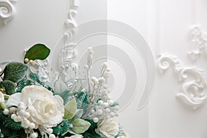 Bouquet of fresh flowers in the winter style, christmas on white background