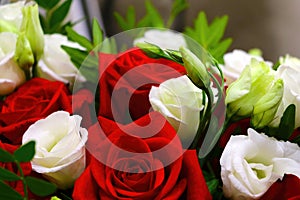 Bouquet of fresh red white roses. Congratulations on the holiday