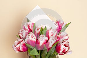 Bouquet of fresh red-white tulips with a card for your text. Gift for romantic date. Tender spring flowers. Bunch of