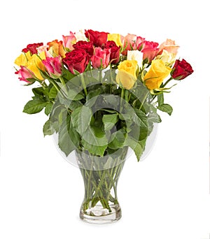 Bouquet of fresh roses in glass vase isolated on white background