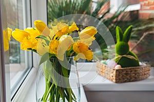 Bouquet of fresh spring tulips and daffodils flowers on the windowsill with Easter bunny rabbit in straw basket with