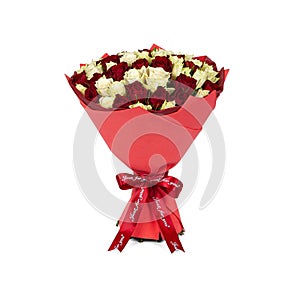 Bouquet of fresh white and red flowers wrapped in paper isolated on whaite background