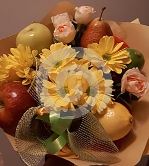 Bouquet, fruit, flowers, beautiful, bright,  colourful