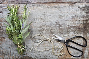 Bouquet Garni Herbs with String and Scissors on Grunge Timber Ba