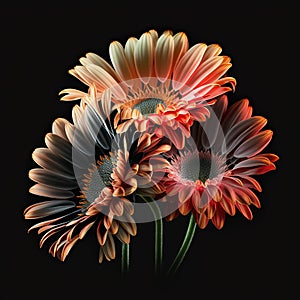 Bouquet of gerbera flowers, daisies of an unusual color isolated on black close-up. Lovely floral background