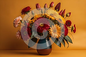 Bouquet of gerbera flowers in vase on yellow background. ai generated