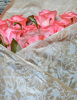 Bouquet of gift wrapped pink roses