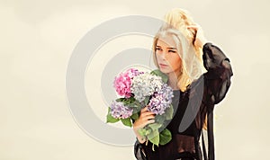 Bouquet for girlfriend. Fashion and beauty industry. Celebrate spring. Gardening and botany concept. Girl fashion model