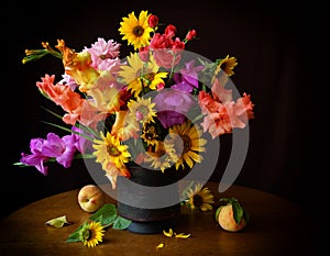 Bouquet of gladioli and sunflowers