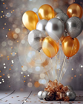Bouquet of golden and silver gray metallic balloons and confetti on wooden floor on glistering background. Birthday, holiday or photo