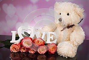 A bouquet of haber roses and a teddy bear mascot. Valentine`s Day