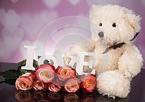 A bouquet of haber roses and a teddy bear mascot. Valentine`s Day