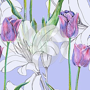 Graphic flowers blue tulip with lily on a blue background. Floral seamless pattern.
