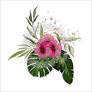 Bouquet with hibiscus, tropical exotic leaves of palm, banana, monstera isolated on white background. Gold splashes of