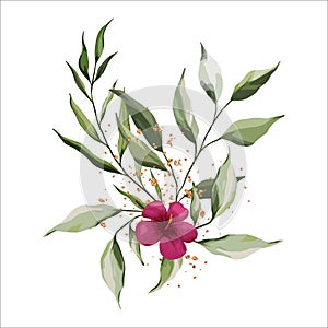 Bouquet with hibiscus, tropical exotic leaves of palm isolated on white background. Gold splashes of decoration. Vector