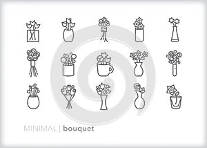 Bouquet icon set of different types of flower arrangements in vases