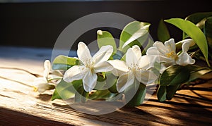 Bouquet of jasmine flowers on wooden table, closeup