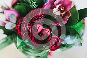 Bouquet of large red roses close up