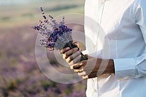 Bouquet of lavender in the hands of a man in white shirt. wedding concept