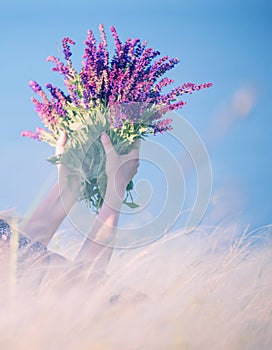 A bouquet of lilac flowers of wild sage in the hands of a girl among grass feather grass swaying in the wind.