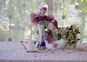 Bouquet of a lilac and tea in a beautiful cup
