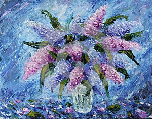 A bouquet of lilacs in a vase, still life, oil painting