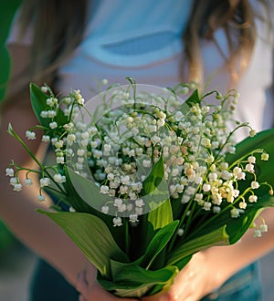 a bouquet of lilies of the valley cradled in gentle woman hands