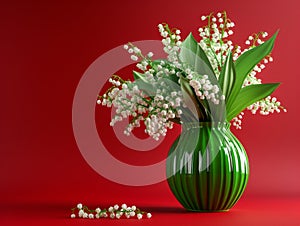 Bouquet of lilies of the valley in a green vase