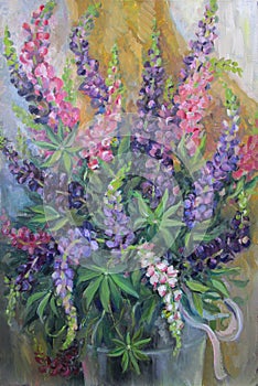 Bouquet of lupins, colorful summer still life, oil painting